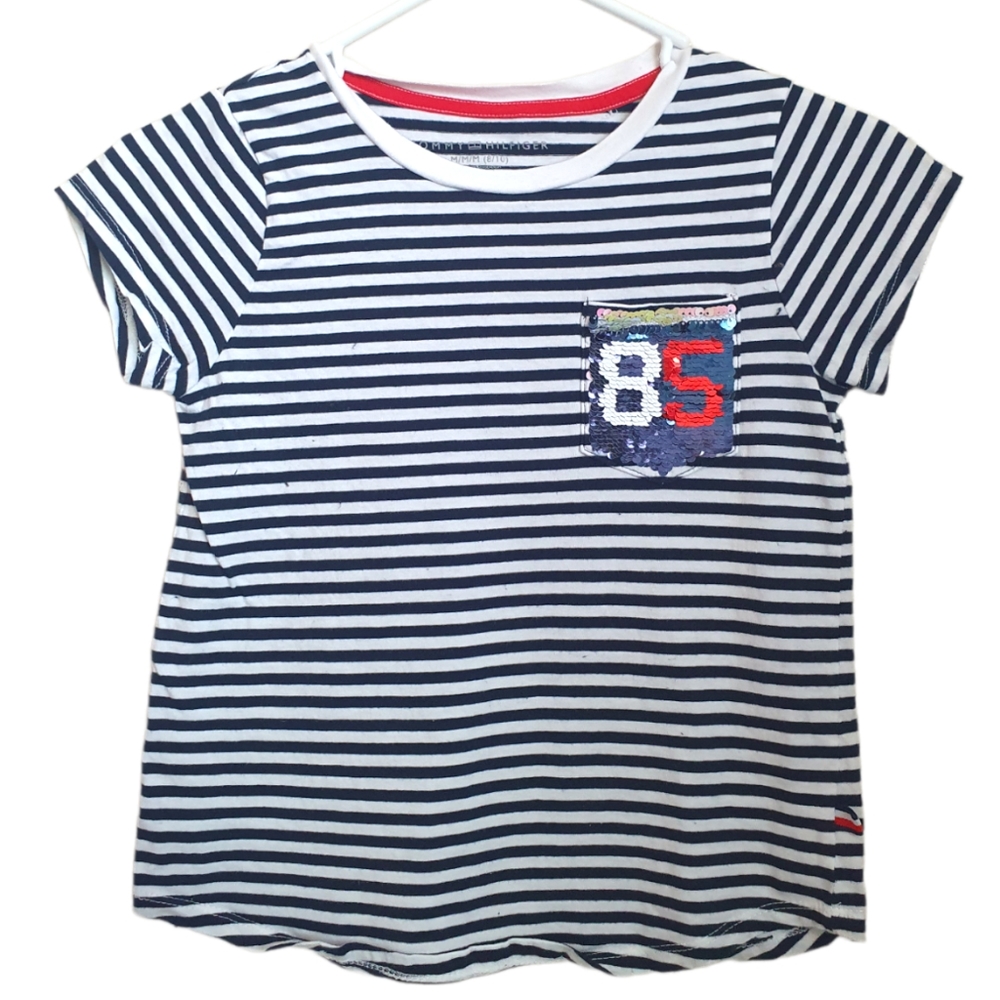 Tommy Hilfiger Girl's Stripes Reversible Sequins T-Shirt. M 8-10.